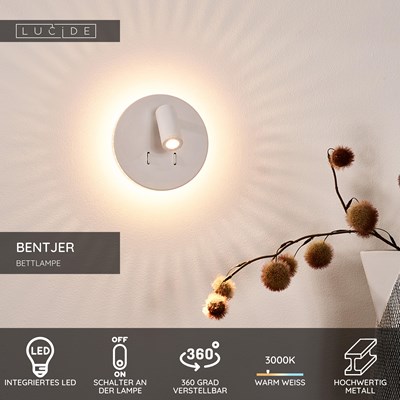 Lucide BENTJER - Bettlampe / Wandleuchte - Ø 14 cm - LED - 3000K - Weiß